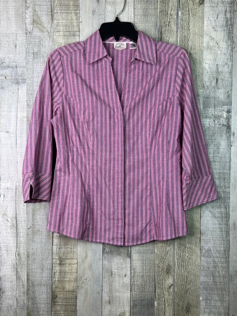 Riders By Lee Small Pin Striped Hidden Button Front V-Neck 3/4 Sleeves Top Shirt